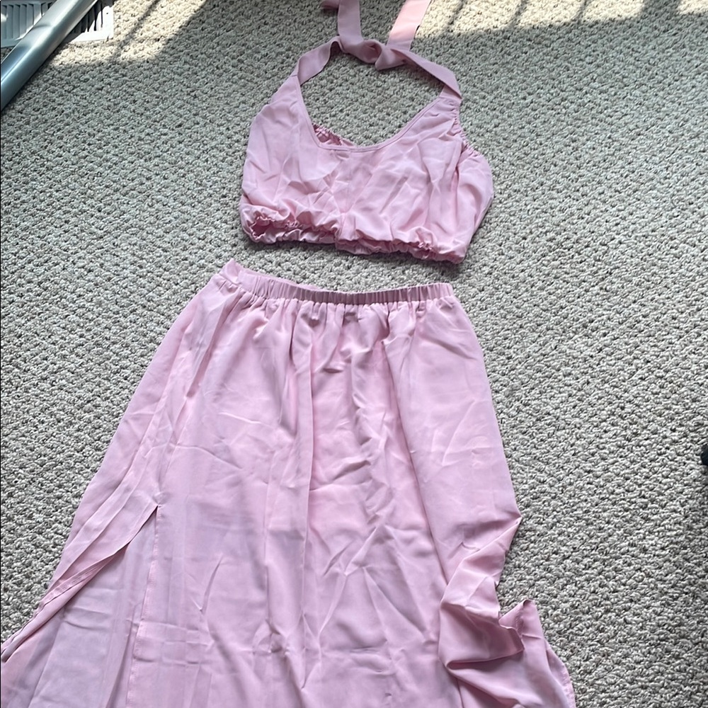 Pink Maxi A-Line Skirt with Slit for Casual Wear and matching halter crop top